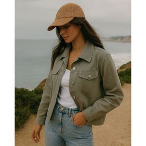 Bill Blass Linen Blend Trucker Jacket Womens Sz M VTG Taupe Lagenlook Minimalist